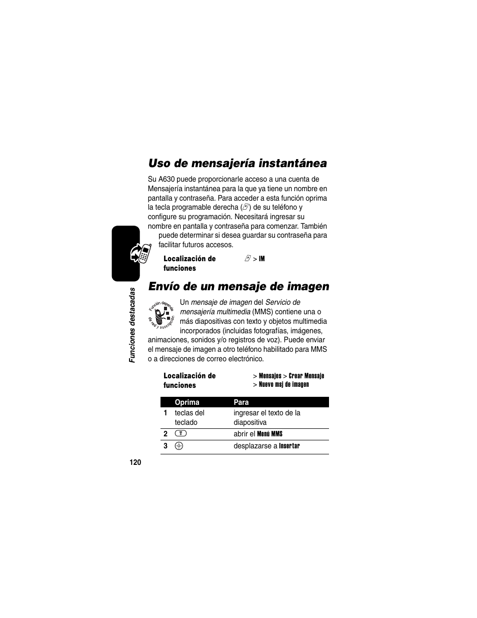 Uso de mensajería instantánea, Envío de un mensaje de imagen | Motorola A630 User Manual | Page 122 / 256