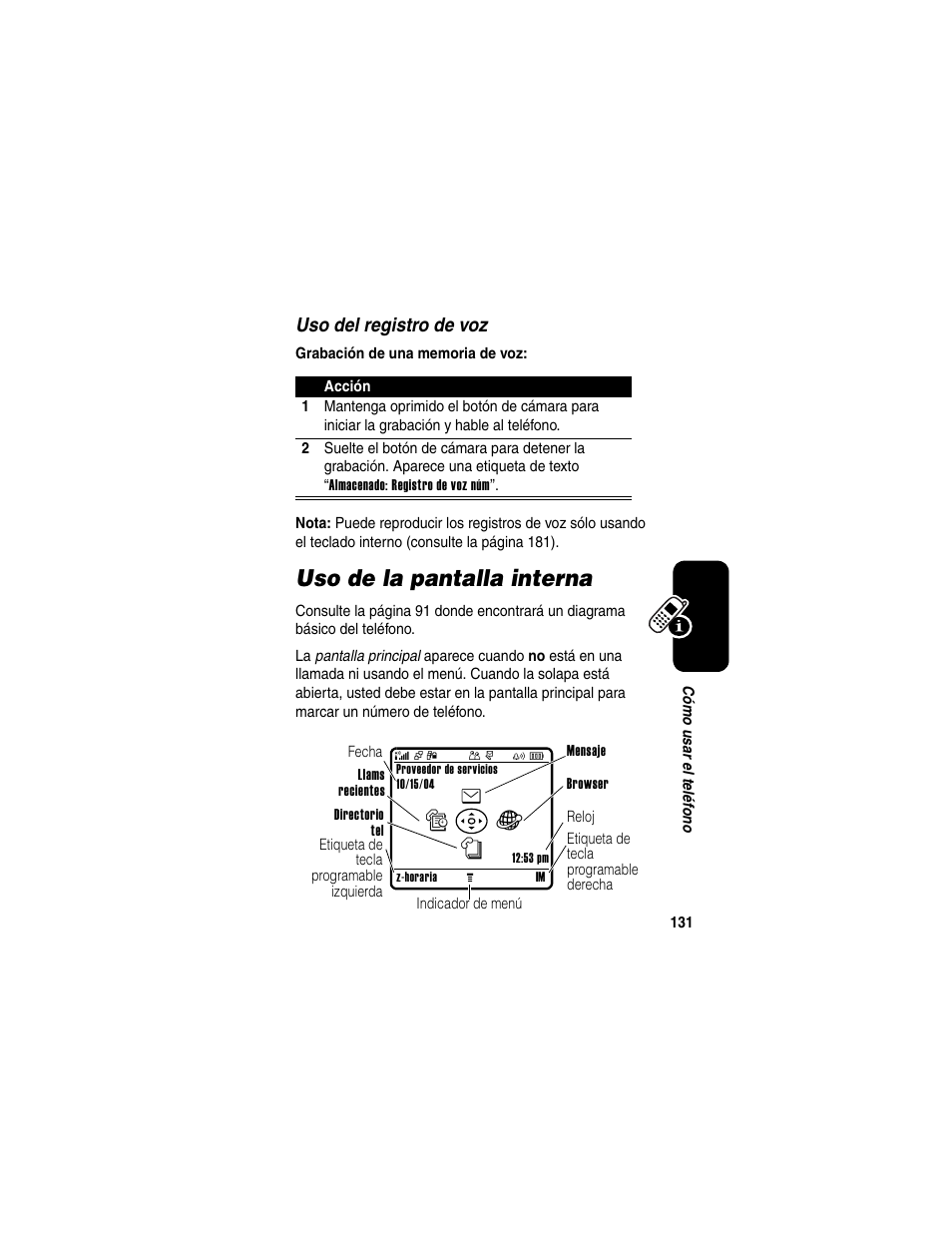 Uso de la pantalla interna | Motorola A630 User Manual | Page 133 / 256