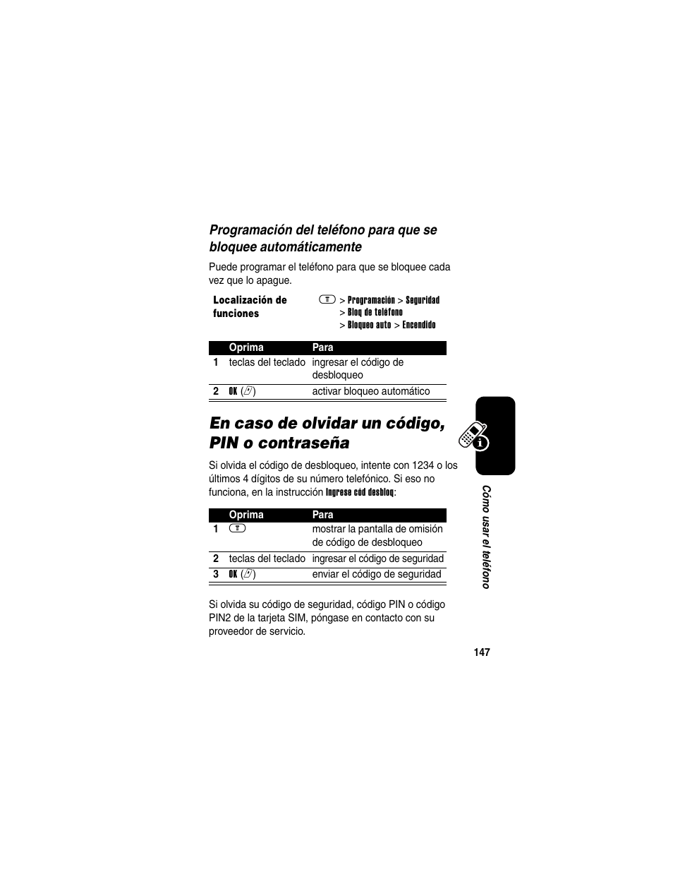 En caso de olvidar un código, pin o contraseña | Motorola A630 User Manual | Page 149 / 256