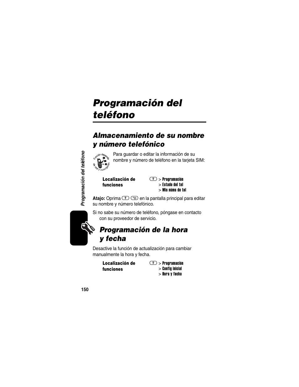 Programación del teléfono, Almacenamiento de su nombre y número telefónico, Programación de la hora y fecha | Motorola A630 User Manual | Page 152 / 256