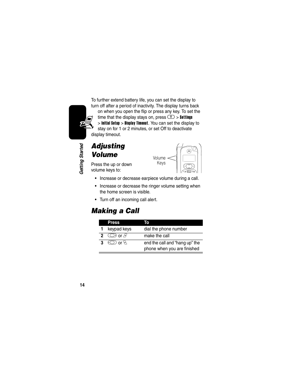 Adjusting volume, Making a call, Adjusting volume making a call | Motorola A630 User Manual | Page 16 / 256