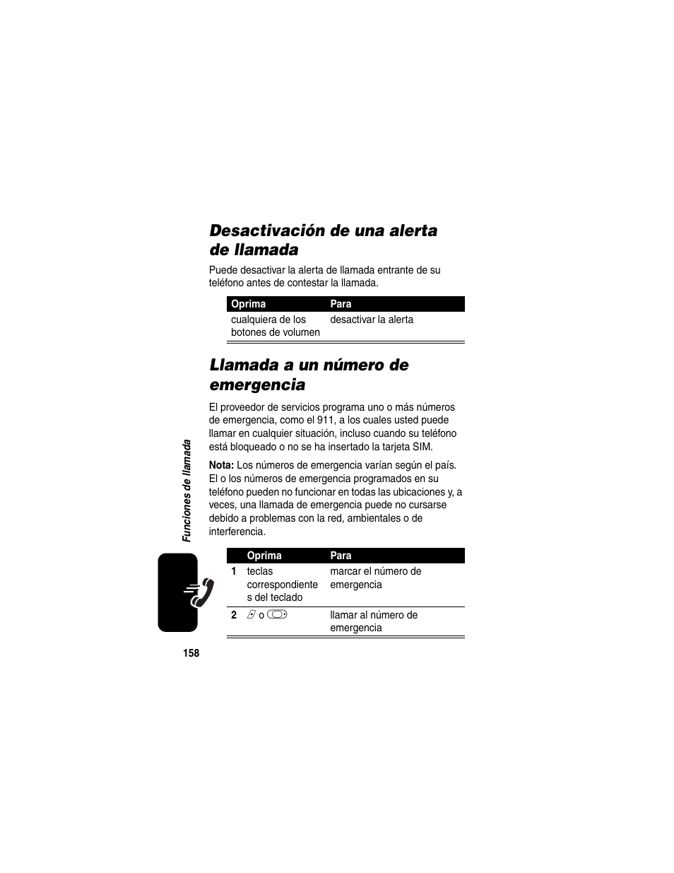 Desactivación de una alerta de llamada, Llamada a un número de emergencia | Motorola A630 User Manual | Page 160 / 256