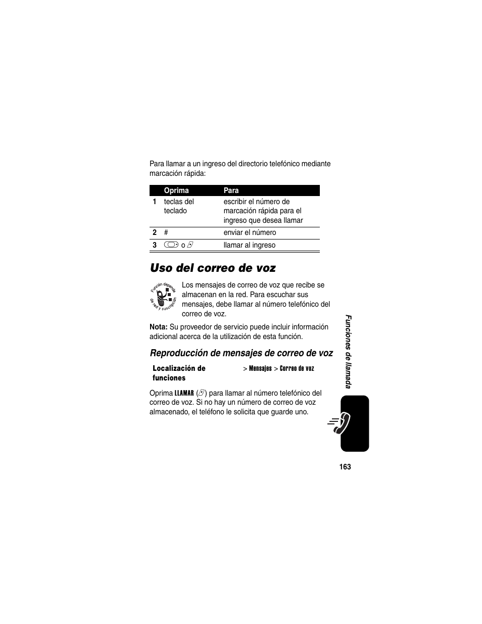 Uso del correo de voz | Motorola A630 User Manual | Page 165 / 256