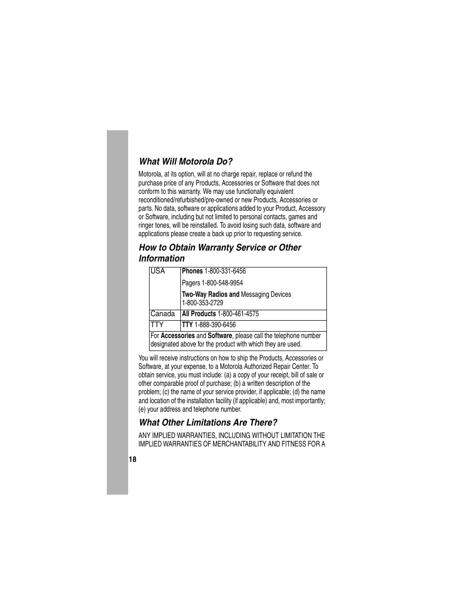 What will motorola do, What other limitations are there | Motorola A630 User Manual | Page 216 / 256