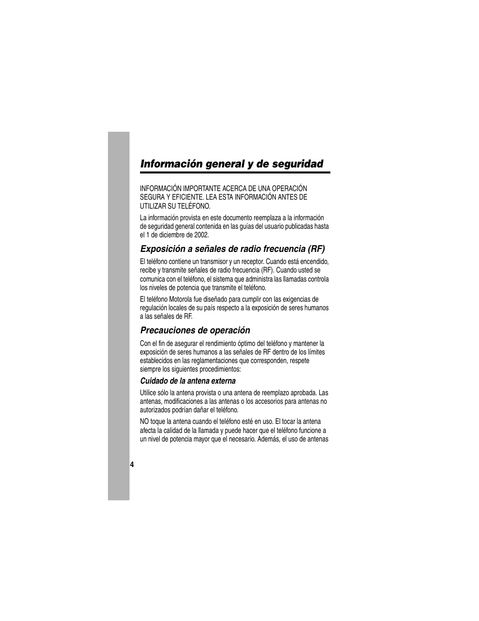 Información general y de seguridad, Exposición a señales de radio frecuencia (rf), Precauciones de operación | Motorola A630 User Manual | Page 228 / 256