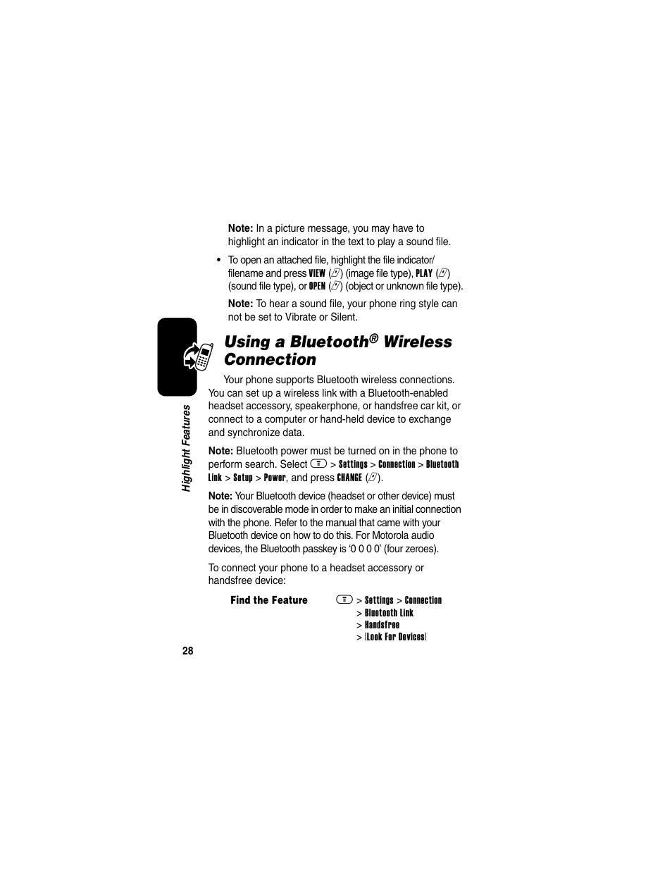 Using a bluetooth® wireless connection, Using a bluetooth, Wireless connection | Motorola A630 User Manual | Page 30 / 256