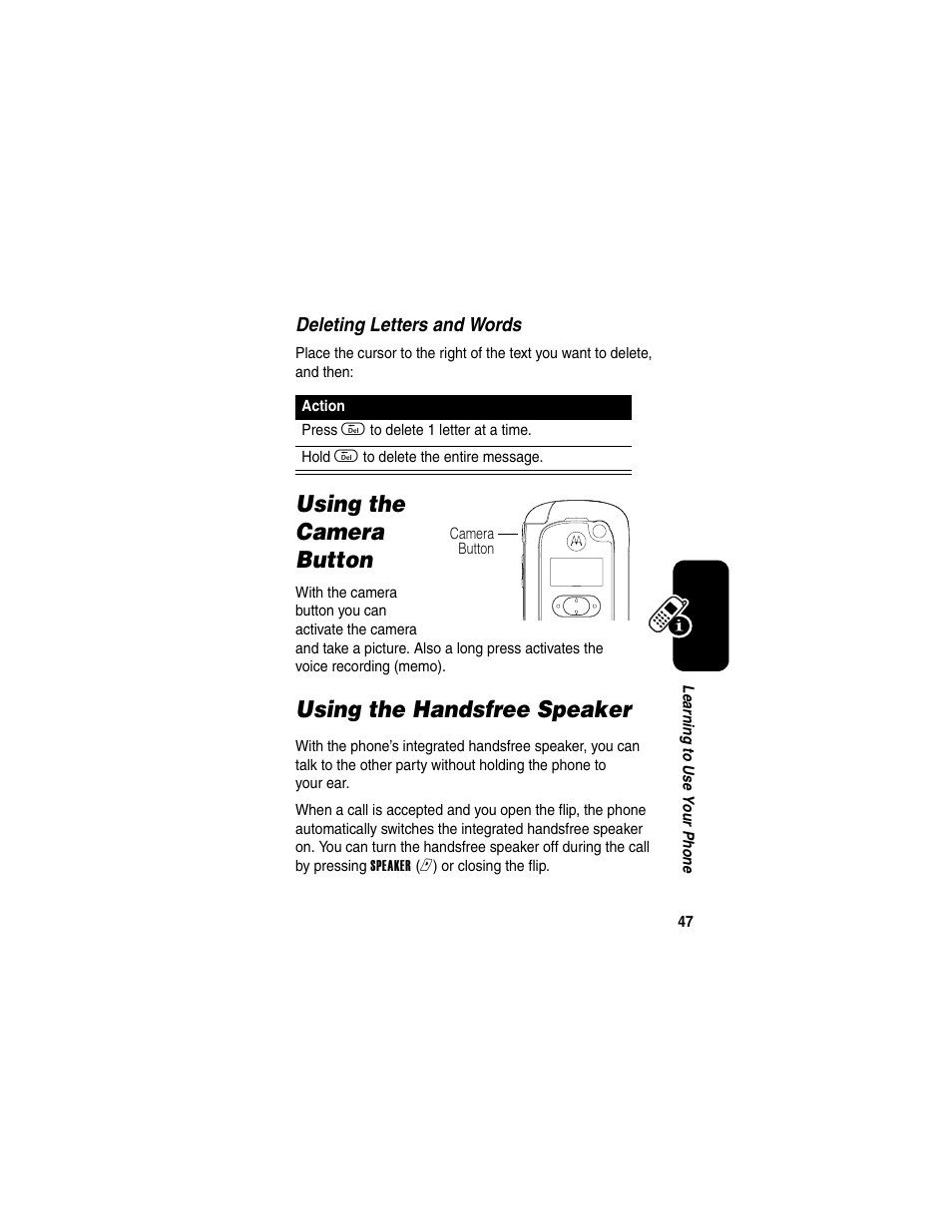Using the camera button, Using the handsfree speaker | Motorola A630 User Manual | Page 49 / 256