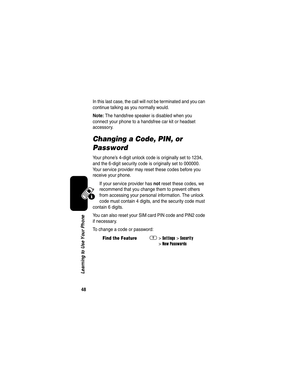 Changing a code, pin, or password | Motorola A630 User Manual | Page 50 / 256