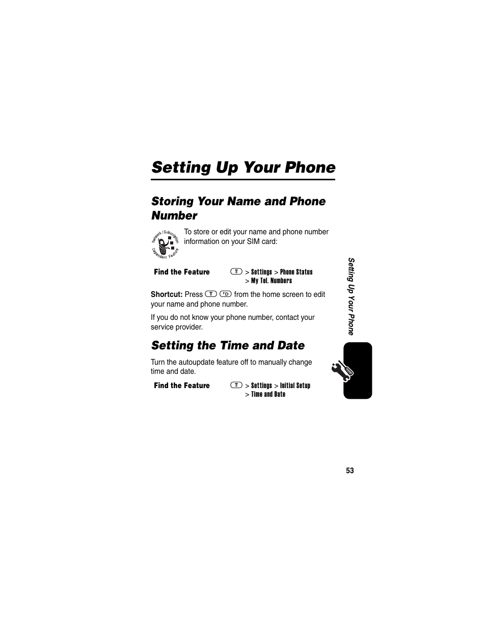 Setting up your phone, Storing your name and phone number, Setting the time and date | Motorola A630 User Manual | Page 55 / 256