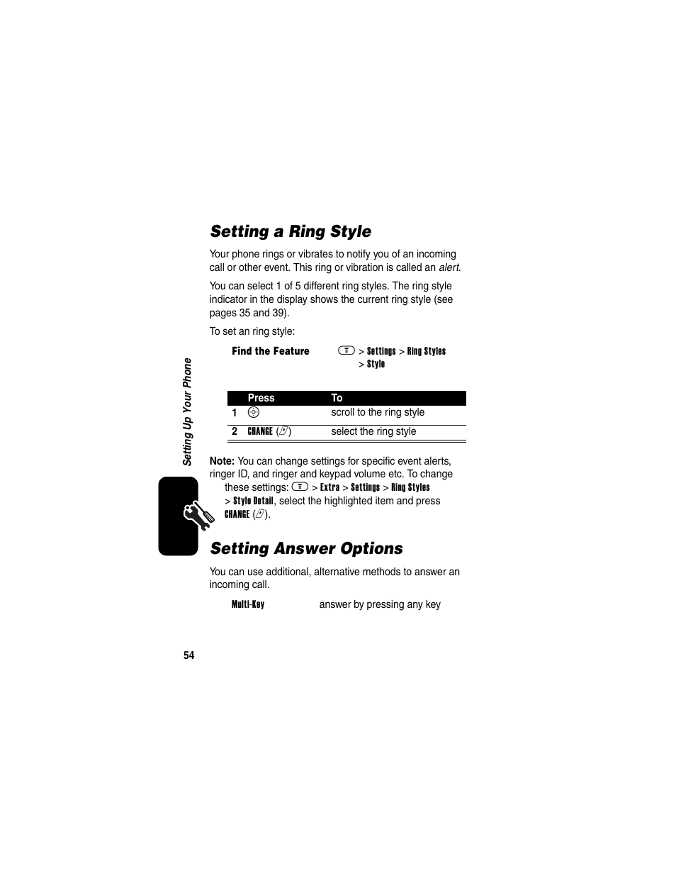 Setting a ring style, Setting answer options, Setting a ring style setting answer options | Motorola A630 User Manual | Page 56 / 256