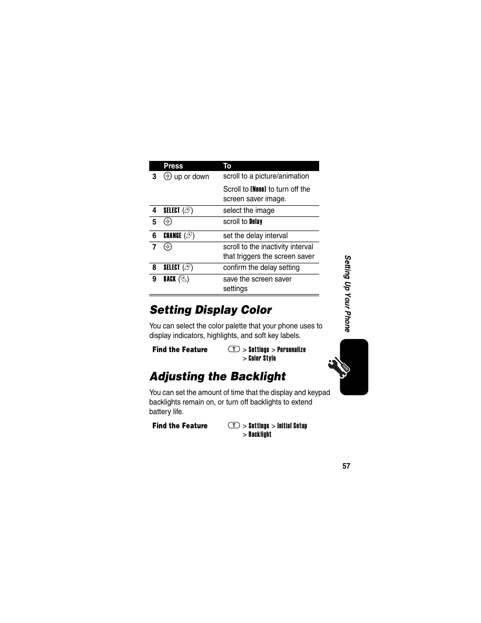 Setting display color, Adjusting the backlight, Setting display color adjusting the backlight | Motorola A630 User Manual | Page 59 / 256