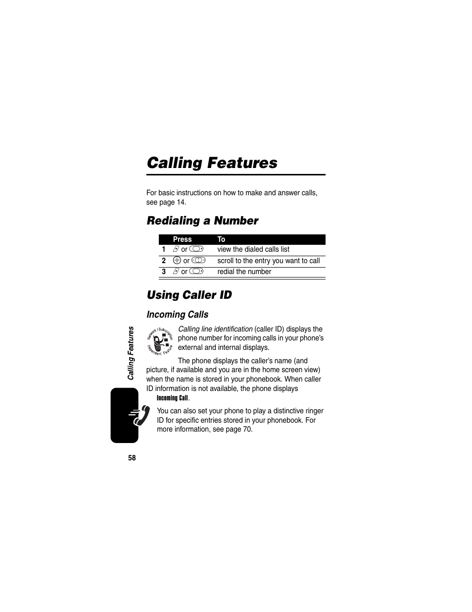 Calling features, Redialing a number, Using caller id | Redialing a number using caller id | Motorola A630 User Manual | Page 60 / 256