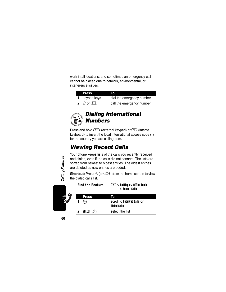 Dialing international numbers, Viewing recent calls, Dialing international numbers viewing recent calls | Motorola A630 User Manual | Page 62 / 256