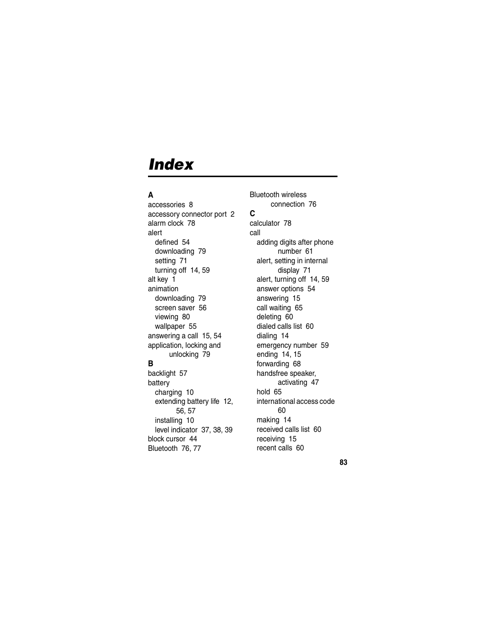 Index | Motorola A630 User Manual | Page 85 / 256