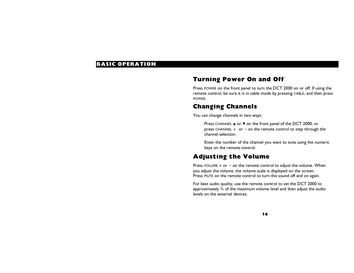 Basic operation, Turning power on and off, Changing channels | Adjusting the volume | Motorola DCT2000 User Manual | Page 20 / 33