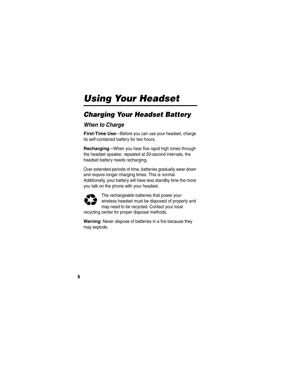 Using your headset, Charging your headset battery, When to charge | Motorola HS820 User Manual | Page 10 / 76