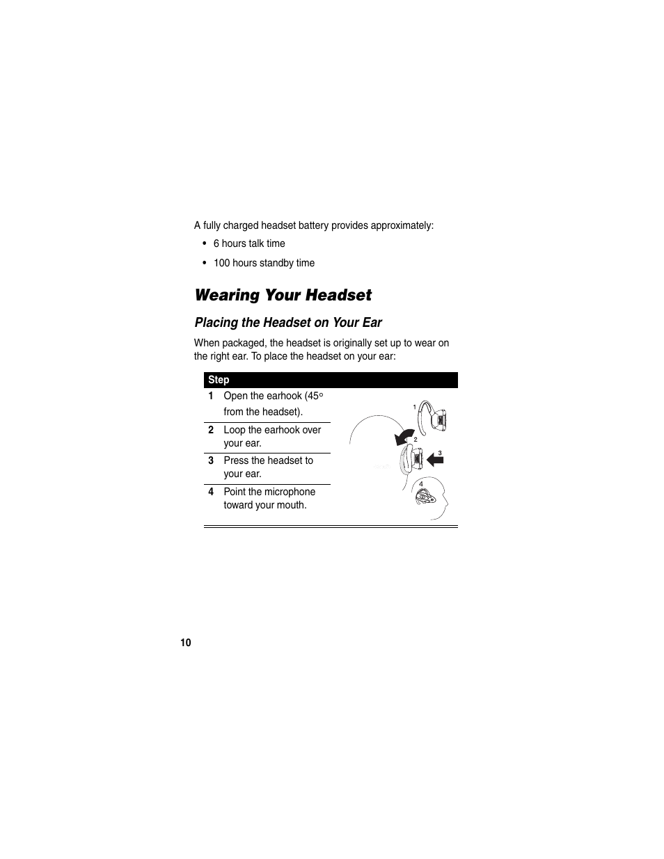 Wearing your headset, Placing the headset on your ear | Motorola HS820 User Manual | Page 12 / 76