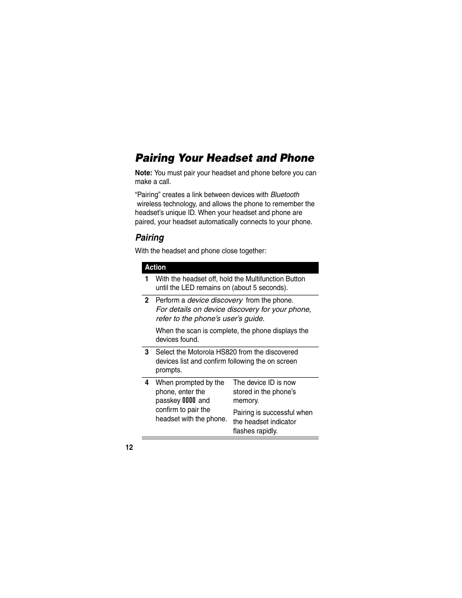 Pairing your headset and phone, Pairing | Motorola HS820 User Manual | Page 14 / 76