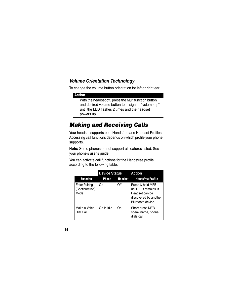 Volume orientation technology, Making and receiving calls | Motorola HS820 User Manual | Page 16 / 76