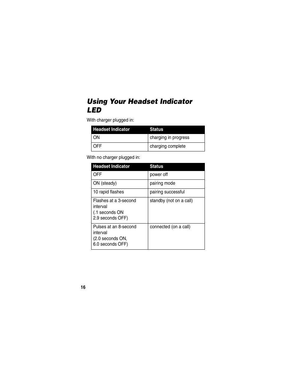 Using your headset indicator led | Motorola HS820 User Manual | Page 18 / 76