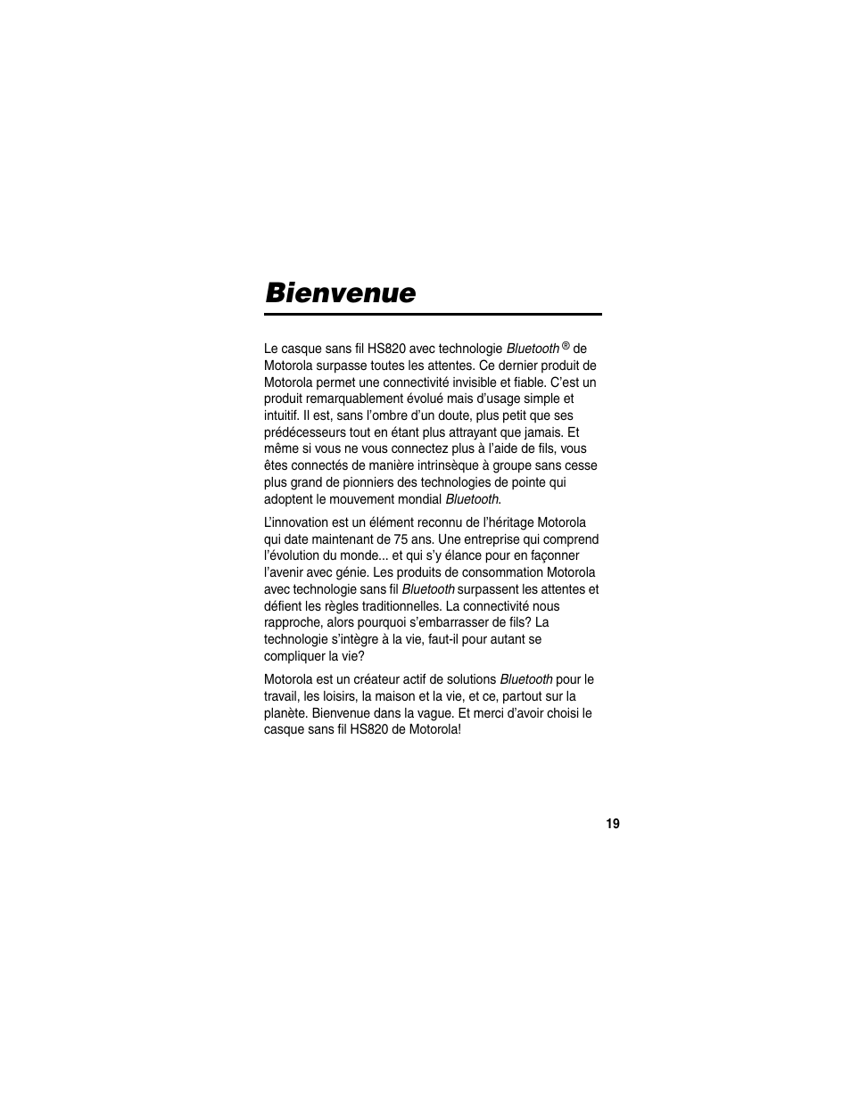 Bienvenue | Motorola HS820 User Manual | Page 21 / 76