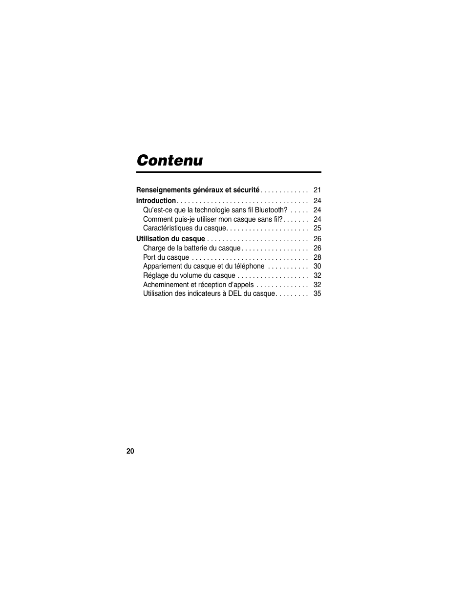Contenu | Motorola HS820 User Manual | Page 22 / 76