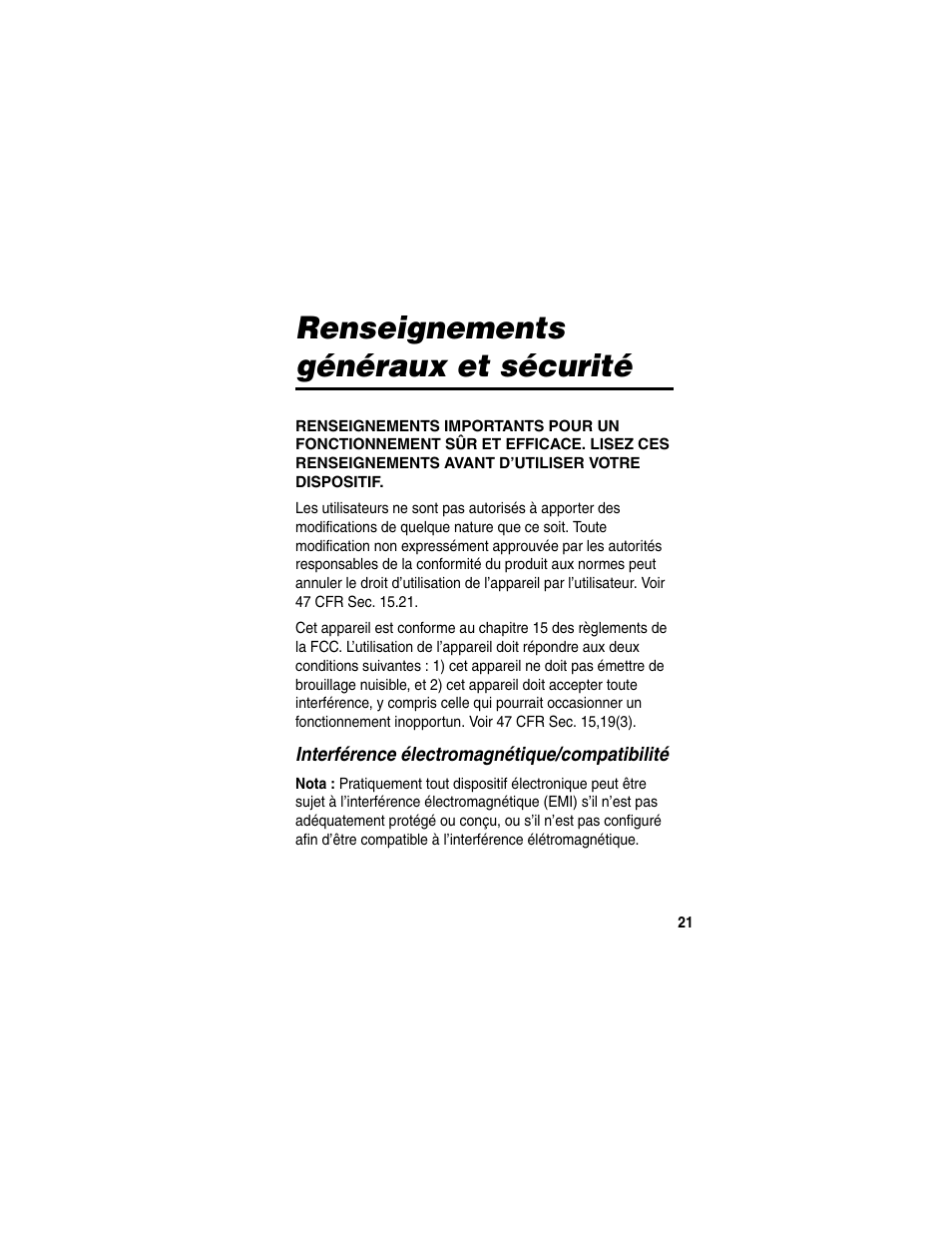 Renseignements généraux et sécurité, Interférence électromagnétique/compatibilité | Motorola HS820 User Manual | Page 23 / 76