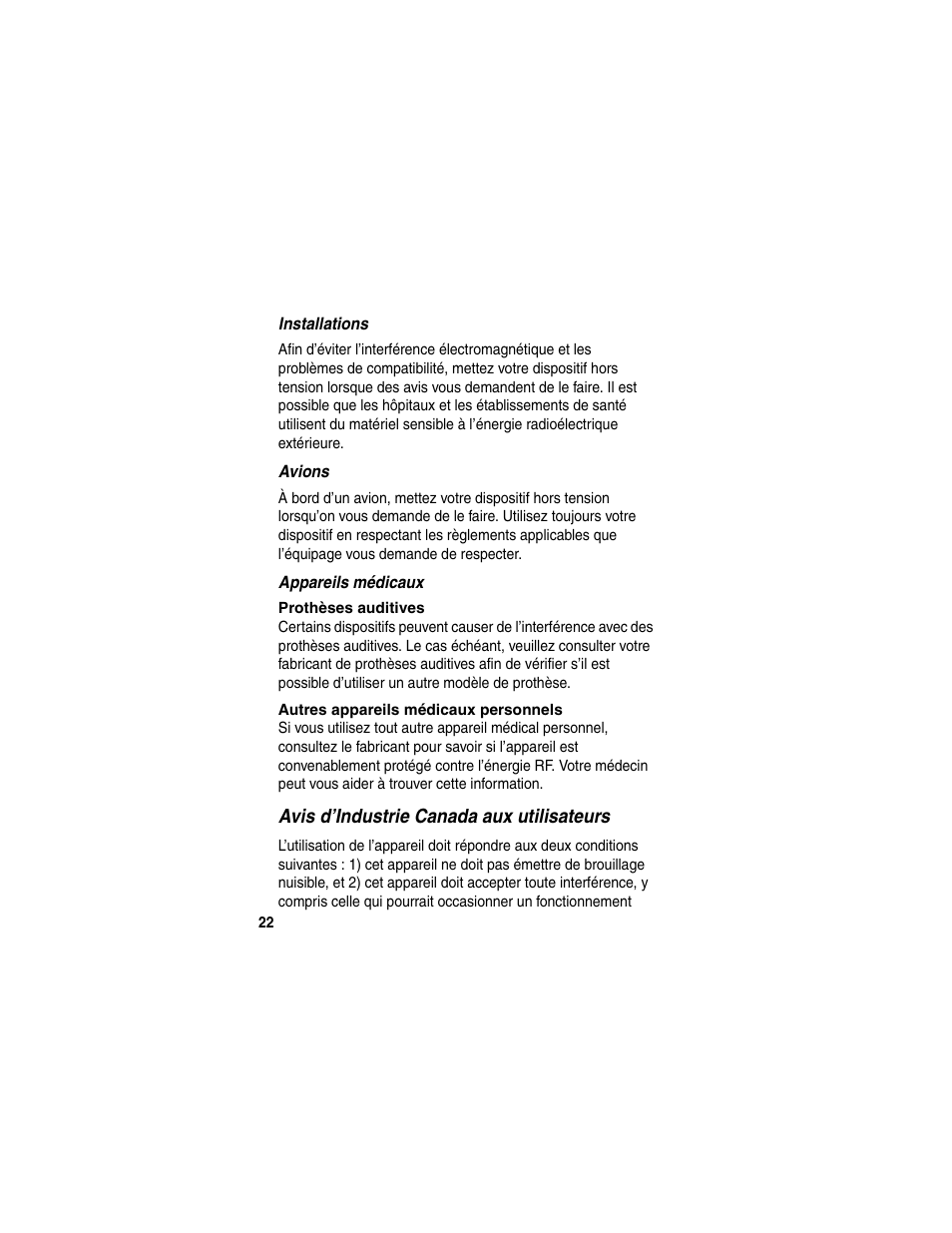 Installations, Avions, Appareils médicaux | Avis d’industrie canada aux utilisateurs | Motorola HS820 User Manual | Page 24 / 76