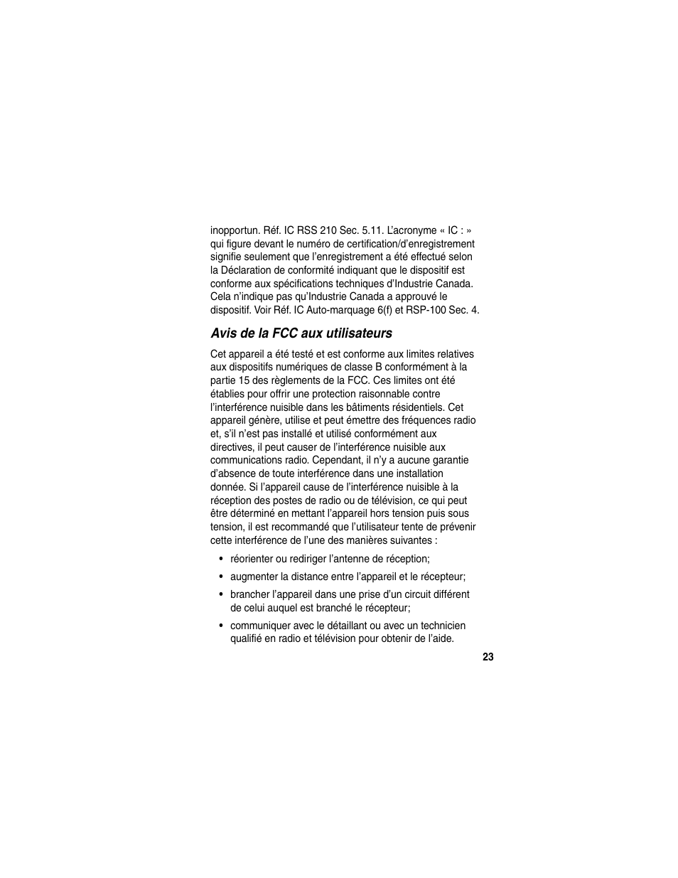 Avis de la fcc aux utilisateurs | Motorola HS820 User Manual | Page 25 / 76