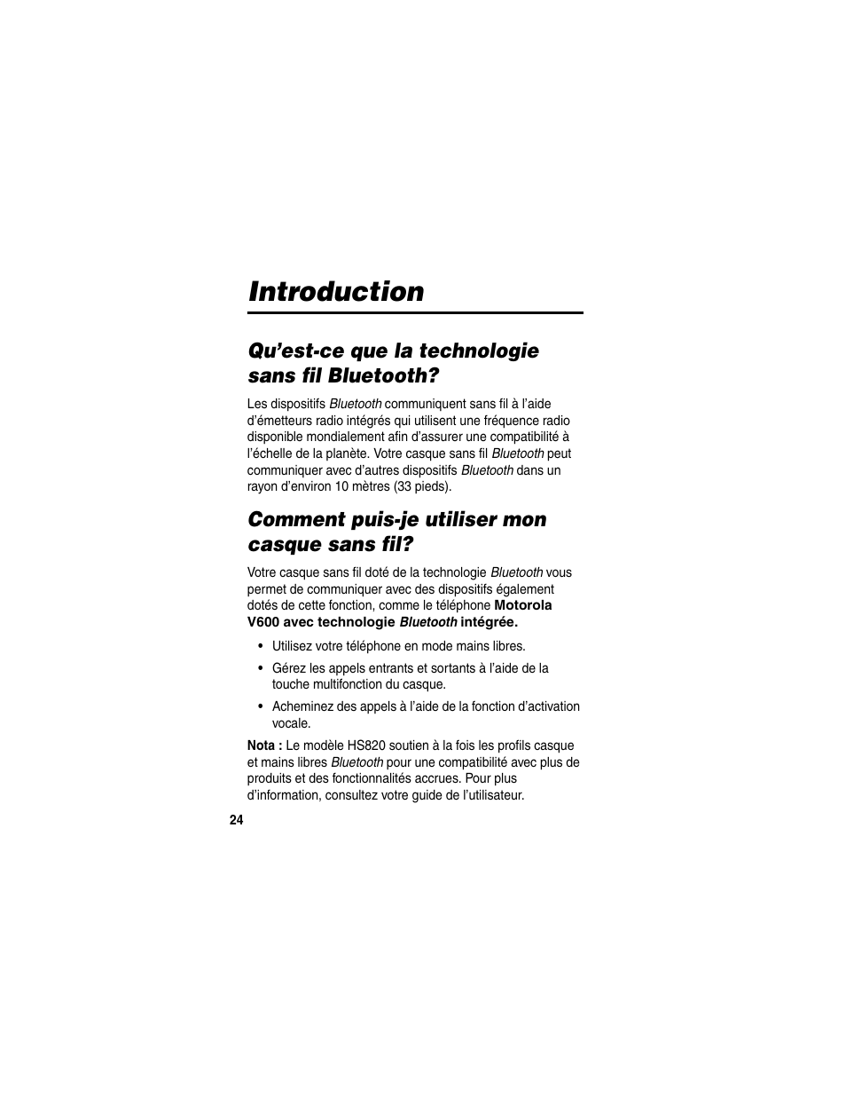 Introduction, Qu’est-ce que la technologie sans fil bluetooth, Comment puis-je utiliser mon casque sans fil | Motorola HS820 User Manual | Page 26 / 76