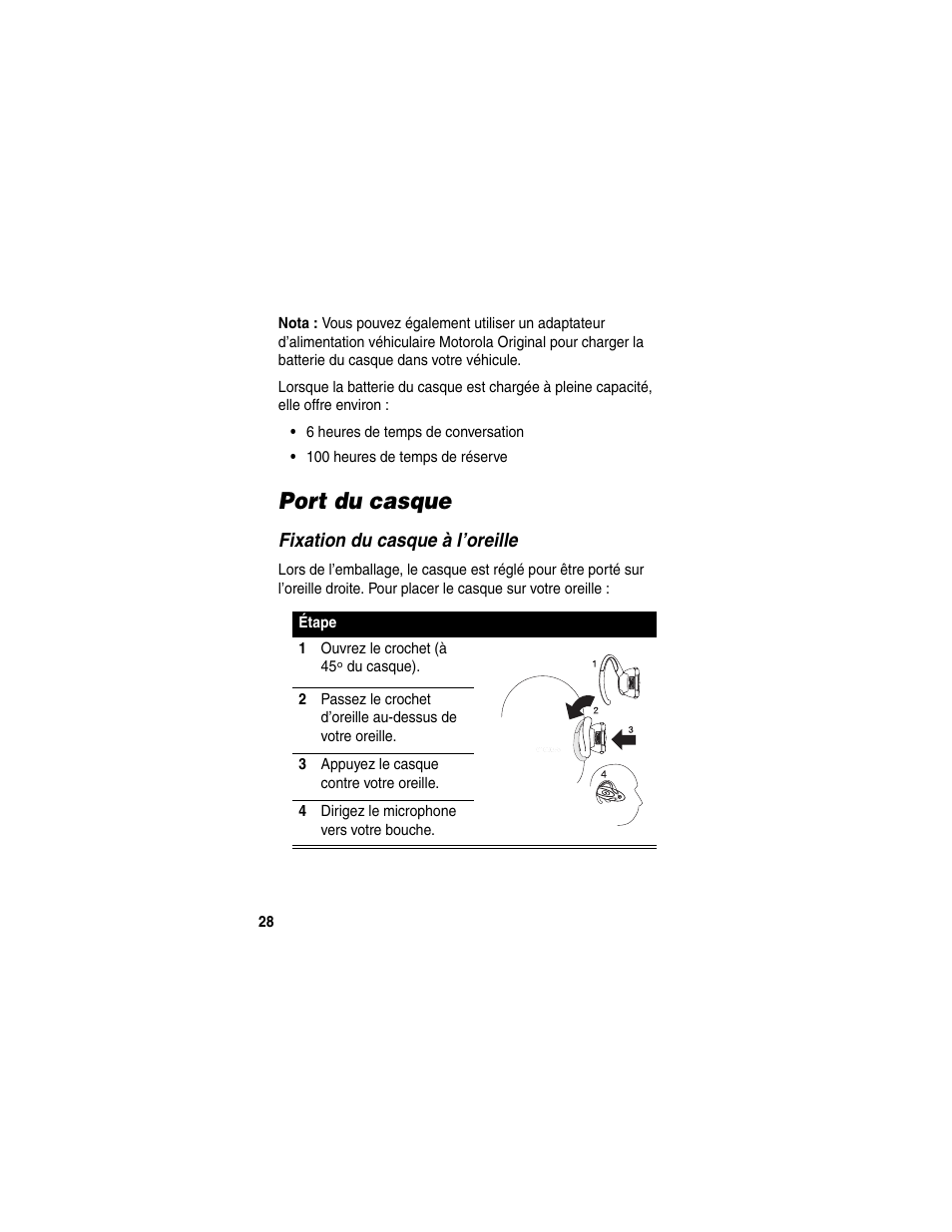 Port du casque, Fixation du casque à l’oreille | Motorola HS820 User Manual | Page 30 / 76