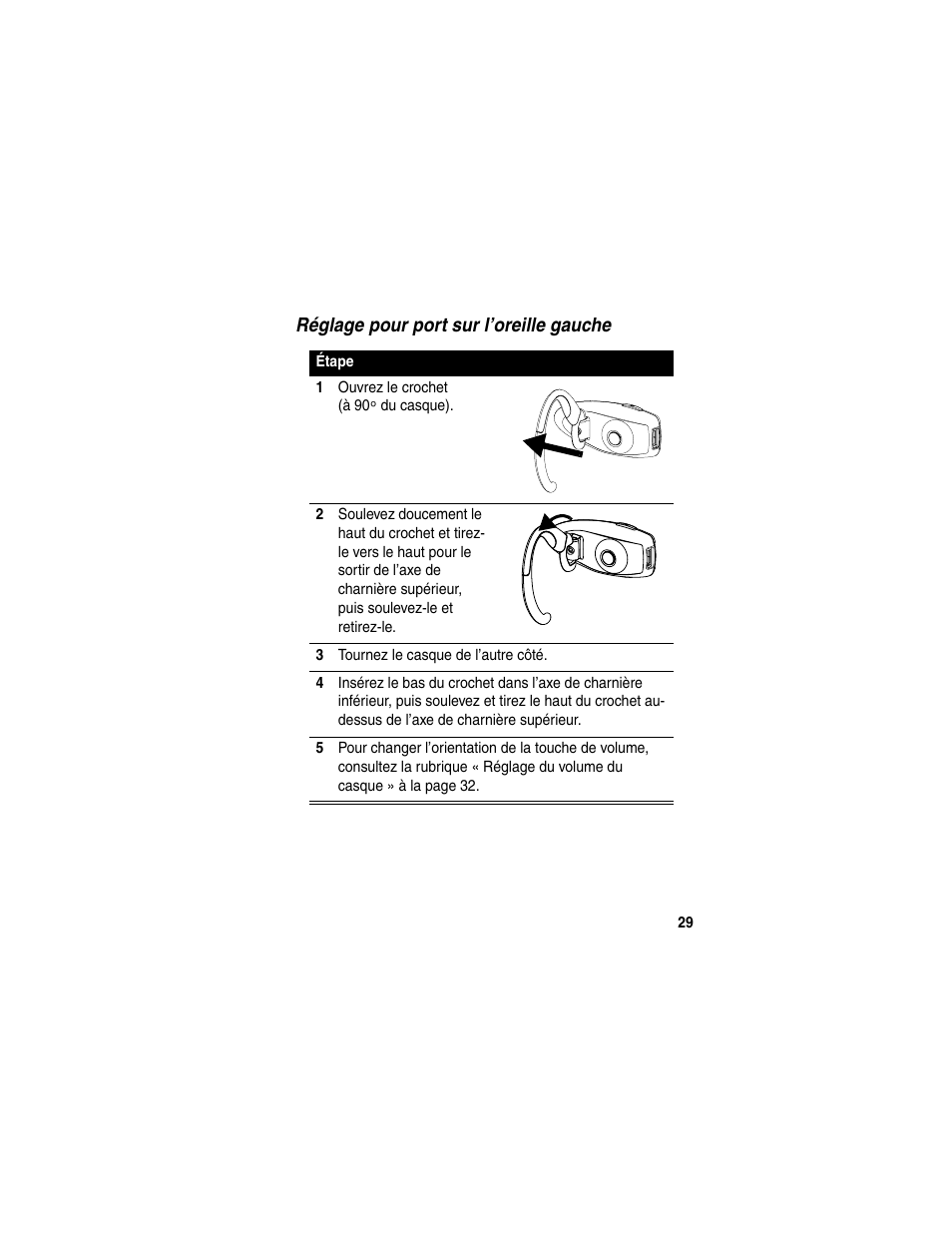 Réglage pour port sur l’oreille gauche | Motorola HS820 User Manual | Page 31 / 76