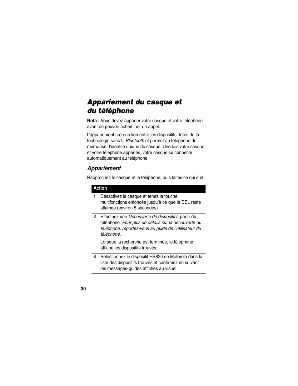 Appariement du casque et du téléphone, Appariement | Motorola HS820 User Manual | Page 32 / 76