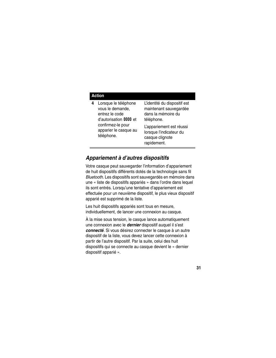 Appariement à d’autres dispositifs | Motorola HS820 User Manual | Page 33 / 76