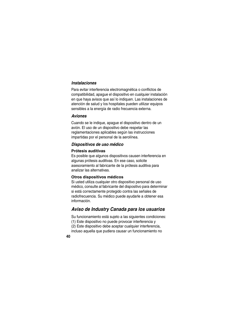 Instalaciones, Aviones, Dispositivos de uso médico | Aviso de industry canada para los usuarios | Motorola HS820 User Manual | Page 42 / 76