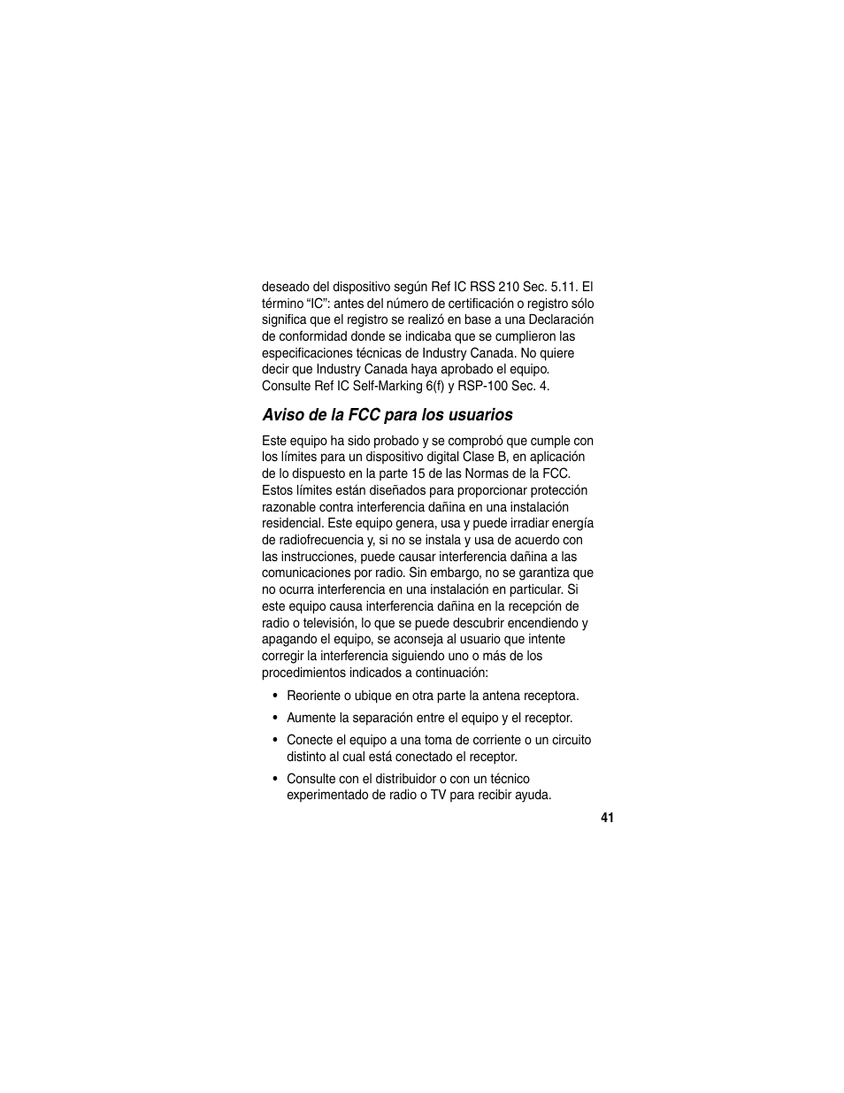Aviso de la fcc para los usuarios | Motorola HS820 User Manual | Page 43 / 76