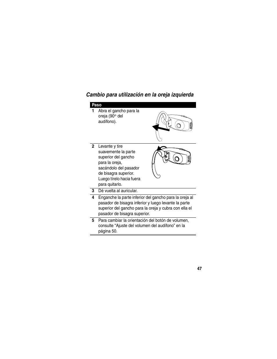 Cambio para utilización en la oreja izquierda | Motorola HS820 User Manual | Page 49 / 76