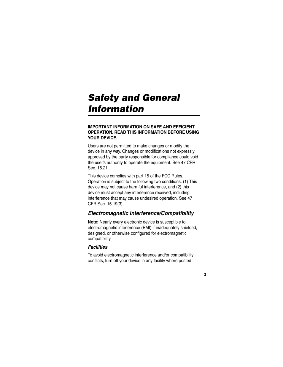 Safety and general information, Electromagnetic interference/compatibility, Facilities | Motorola HS820 User Manual | Page 5 / 76