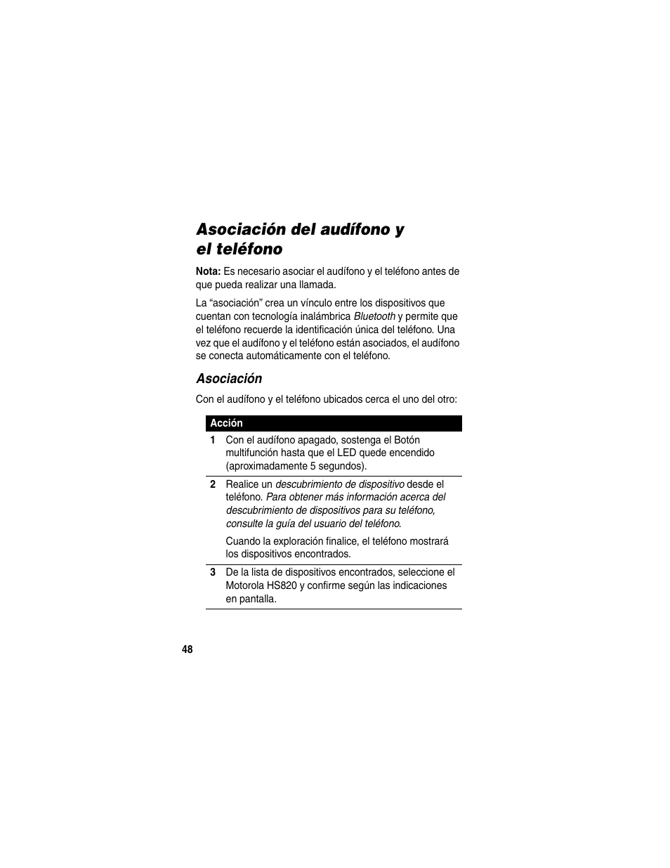 Asociación del audífono y el teléfono, Asociación | Motorola HS820 User Manual | Page 50 / 76