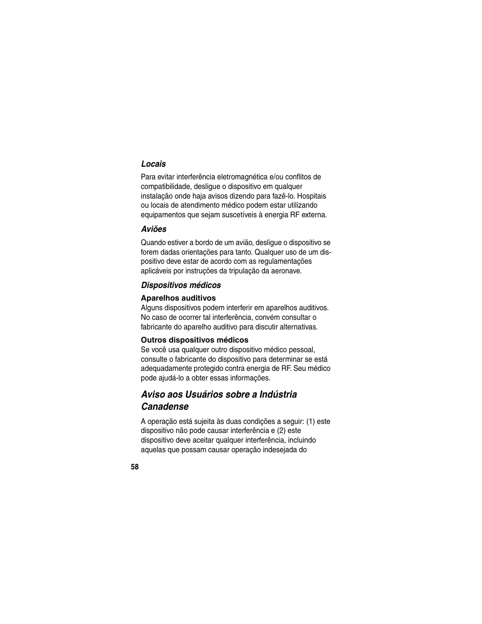 Locais, Aviões, Dispositivos médicos | Aviso aos usuários sobre a indústria canadense | Motorola HS820 User Manual | Page 60 / 76