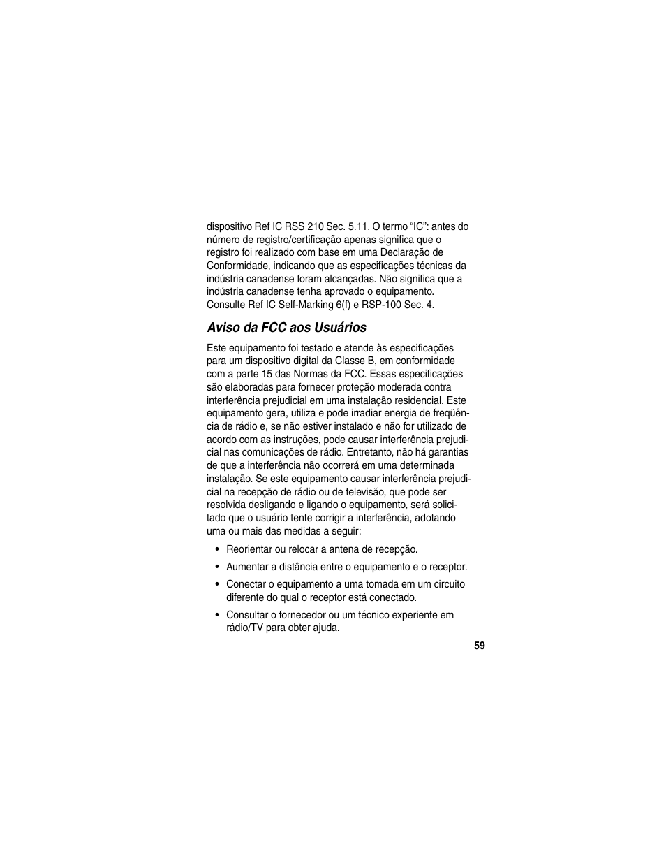 Aviso da fcc aos usuários | Motorola HS820 User Manual | Page 61 / 76