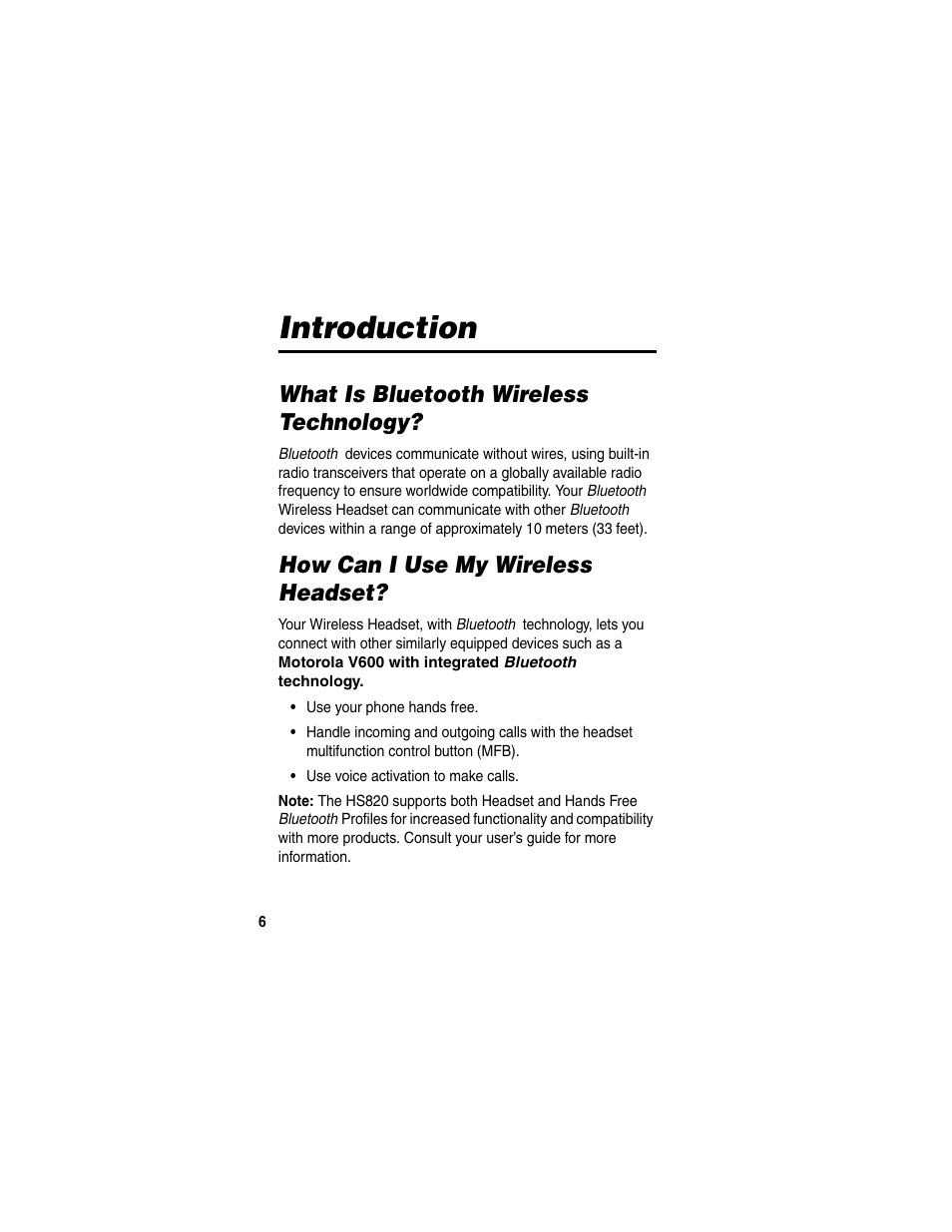 Introduction, What is bluetooth wireless technology, How can i use my wireless headset | Motorola HS820 User Manual | Page 8 / 76