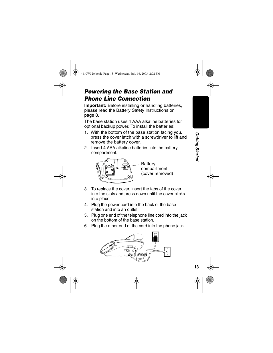 Powering the base station and phone line, Connection | Motorola MD490 User Manual | Page 15 / 64