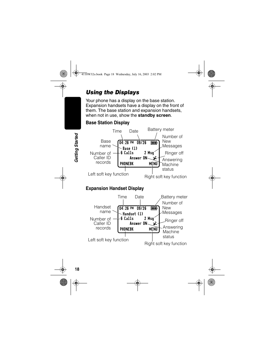 Using the displays, Base station display, Expansion handset display | Base station display expansion handset display | Motorola MD490 User Manual | Page 20 / 64