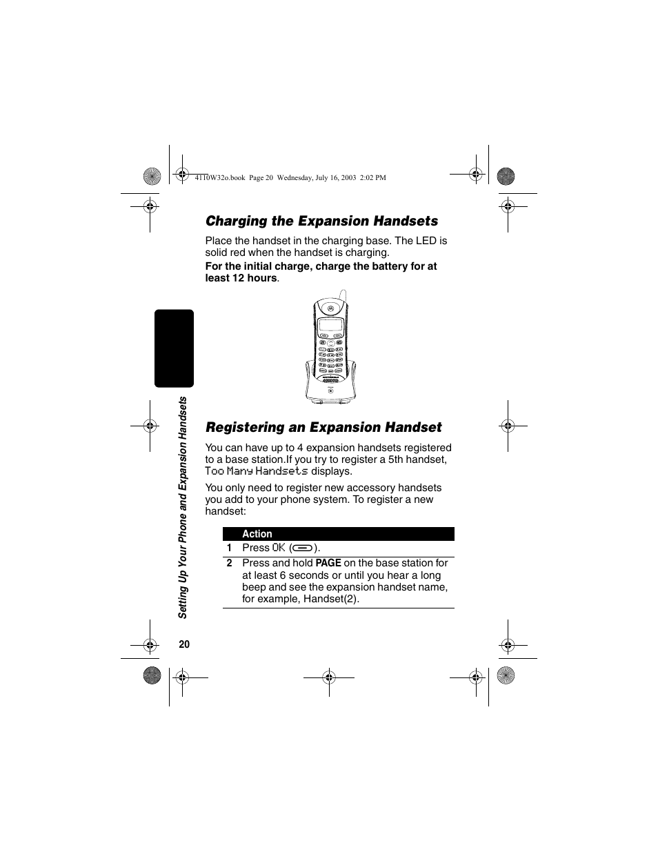 Charging the expansion handsets, Registering an expansion handset | Motorola MD490 User Manual | Page 22 / 64