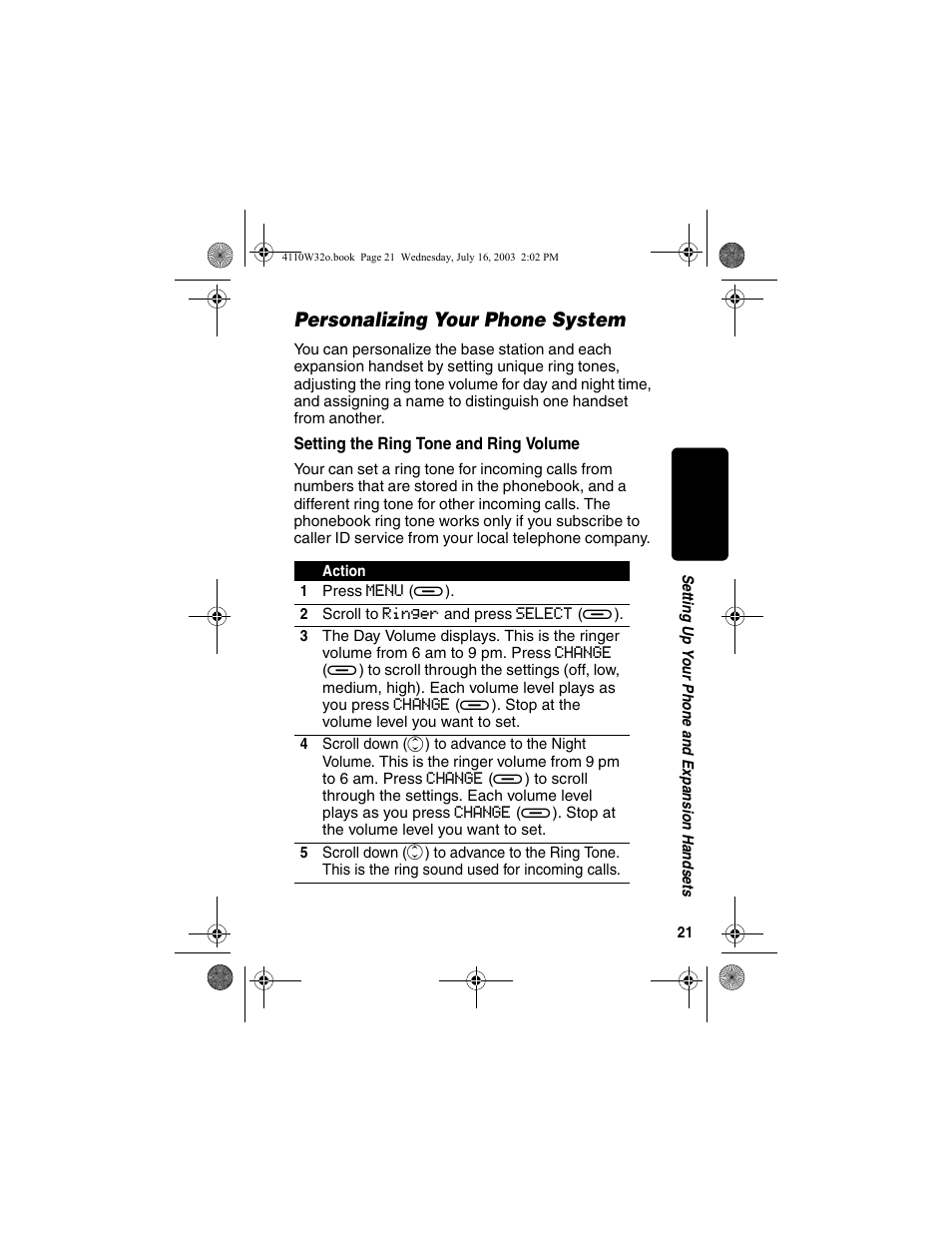 Personalizing your phone system, Setting the ring tone and ring volume | Motorola MD490 User Manual | Page 23 / 64