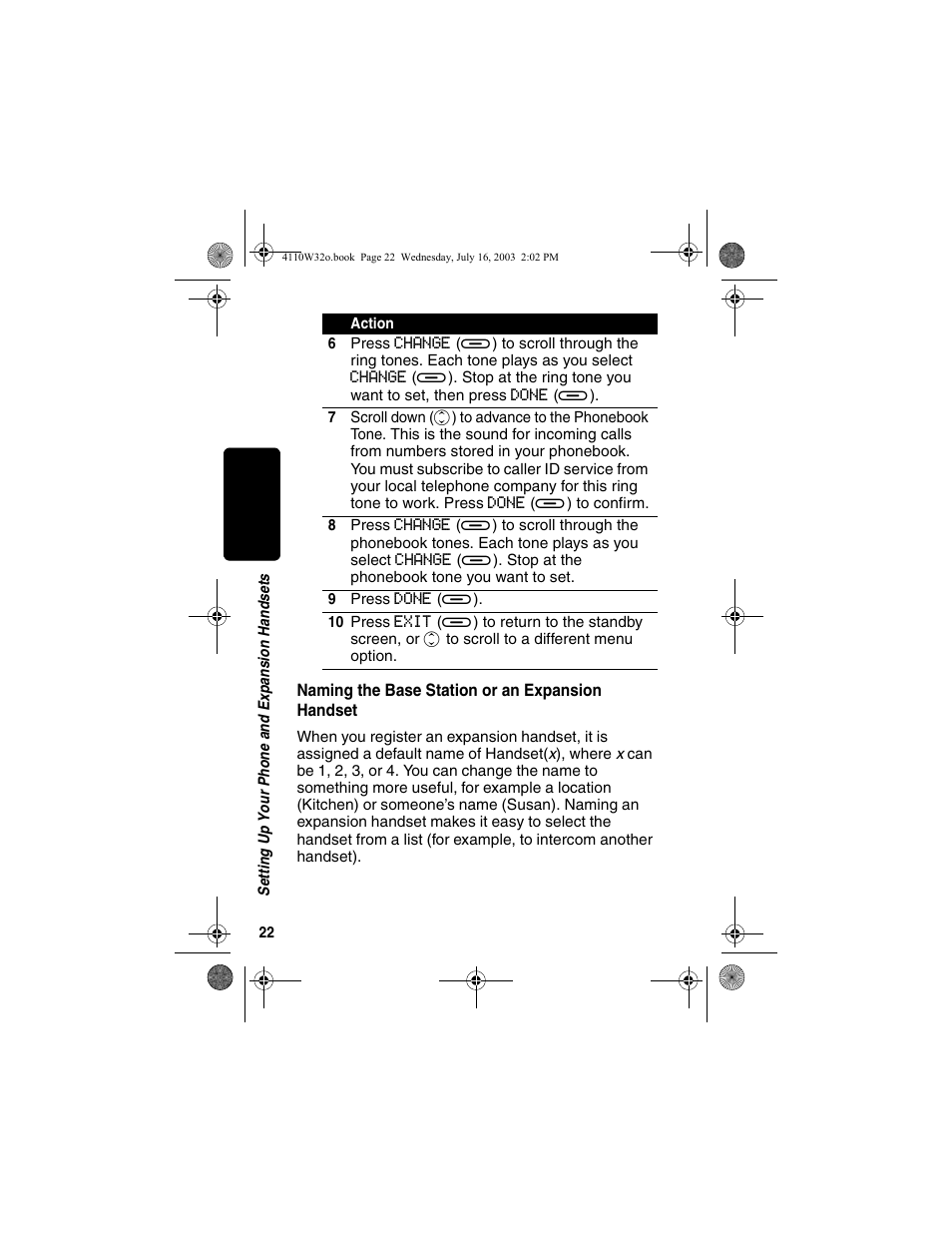 Naming the base station or an expansion handset, Naming the base station or an, Expansion handset | Motorola MD490 User Manual | Page 24 / 64