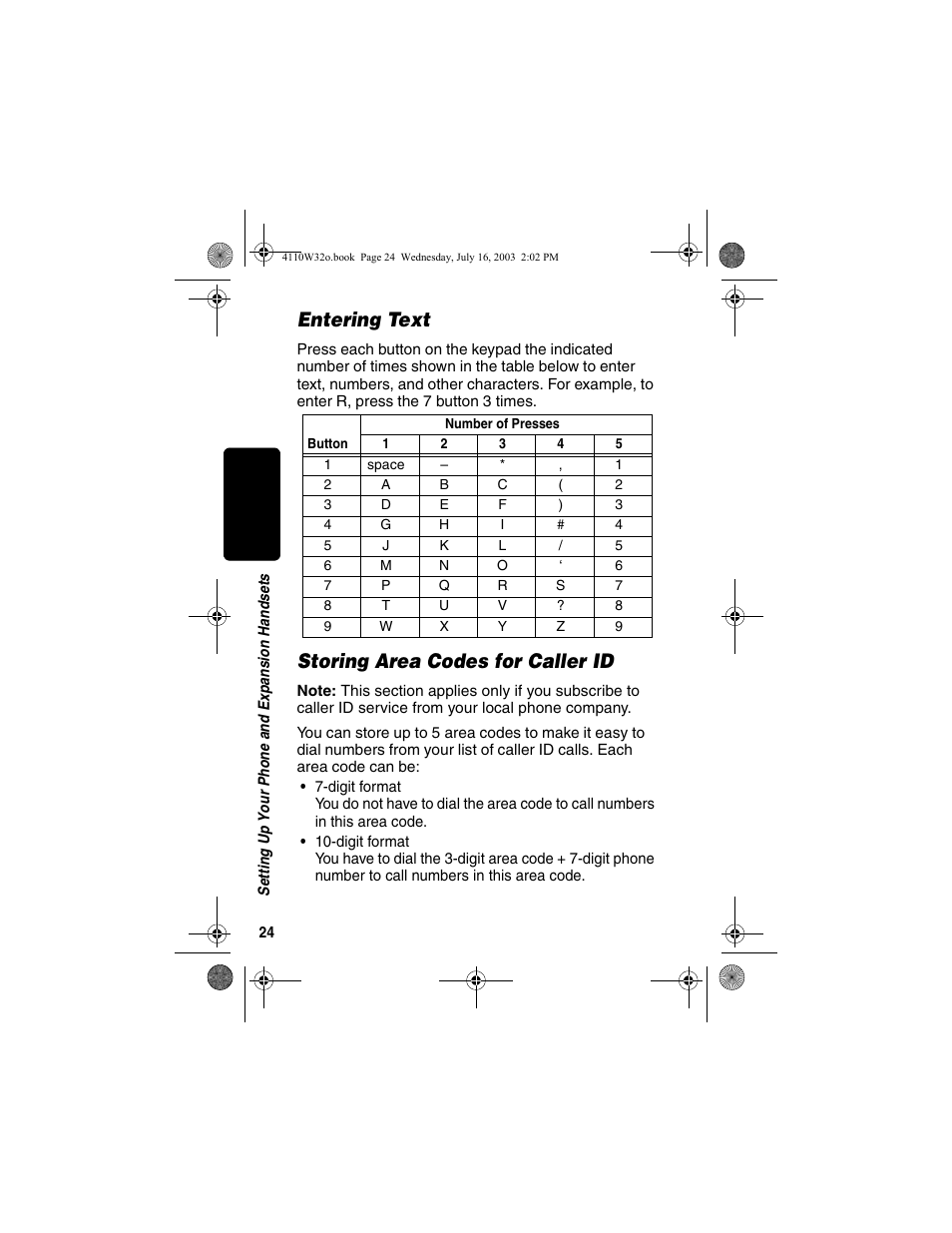 Entering text, Storing area codes for caller id, Entering text storing area codes for caller id | Motorola MD490 User Manual | Page 26 / 64