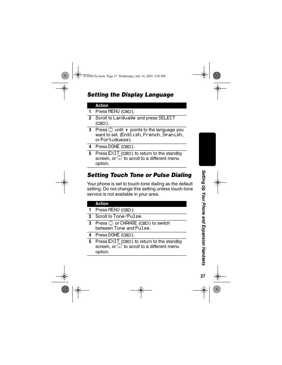 Setting the display language, Setting touch tone or pulse dialing | Motorola MD490 User Manual | Page 29 / 64