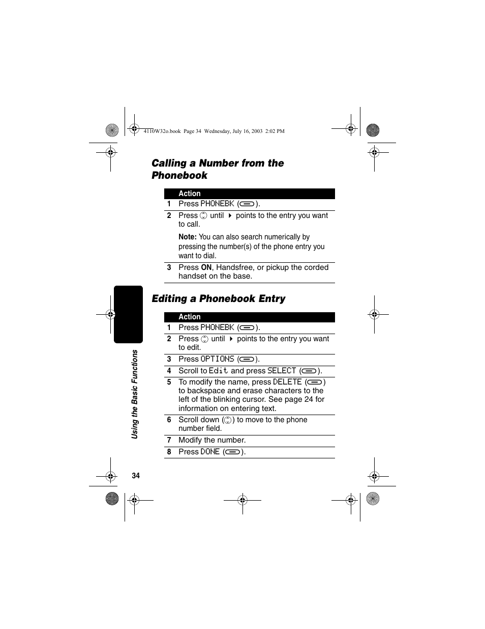 Calling a number from the phonebook, Editing a phonebook entry | Motorola MD490 User Manual | Page 36 / 64